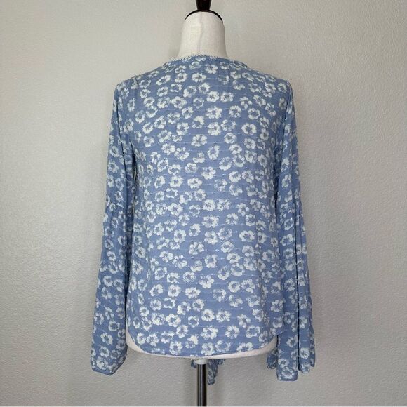 Everly Floral Blue Front Tie Swiss Dot Flared Sleeves Top, Size Small - Picture 9 of 13